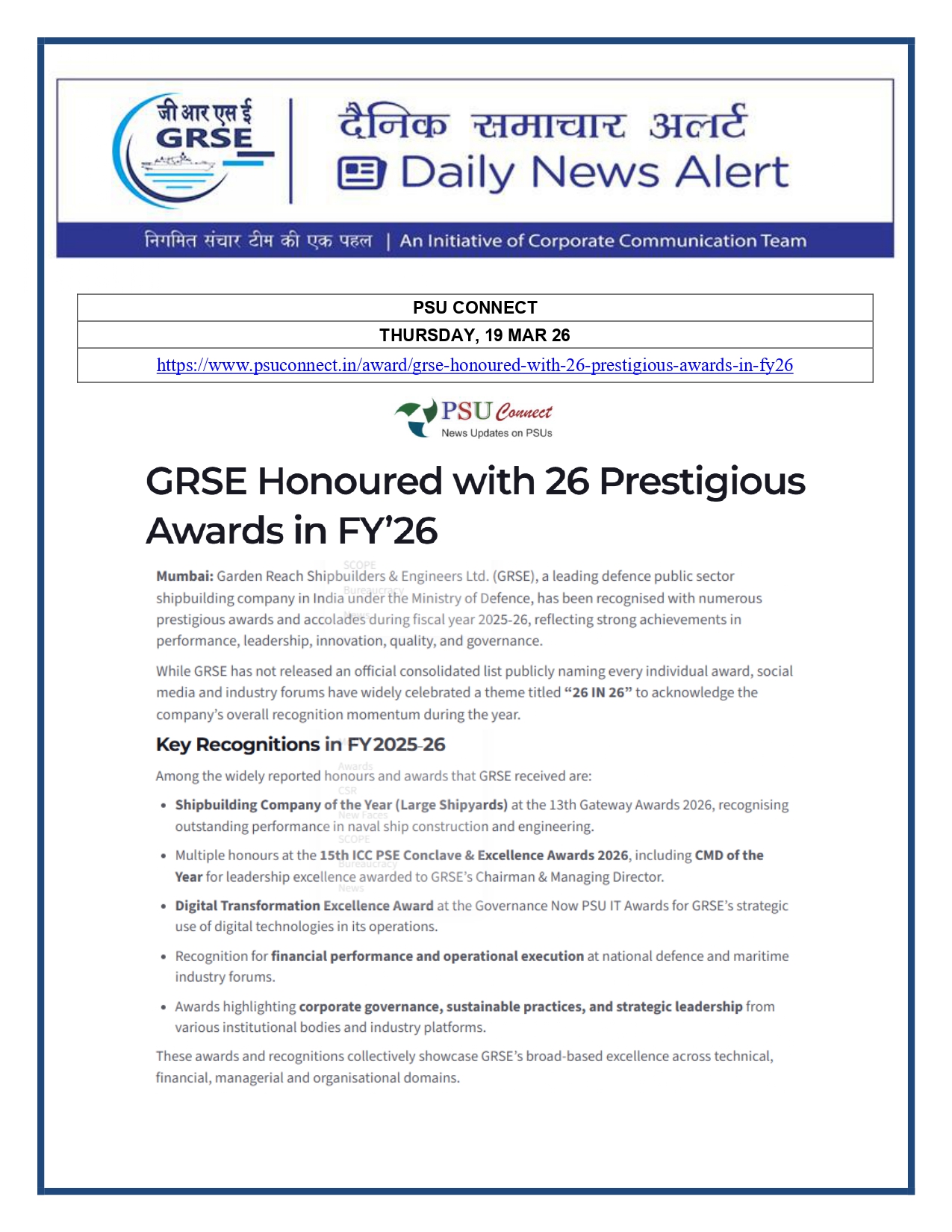 Press Coverage: 20 MAR 26: PSU CONNECT